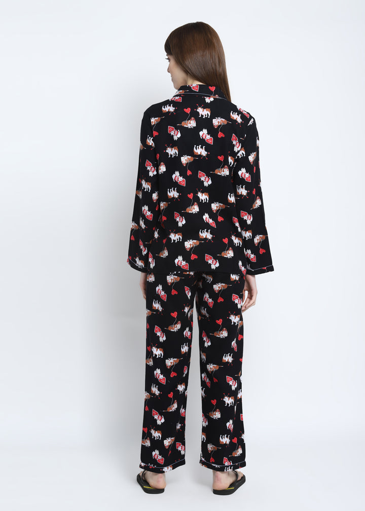 I Love You Print Cotton Flannel Long Sleeve Women's Night Suit - Shopbloom