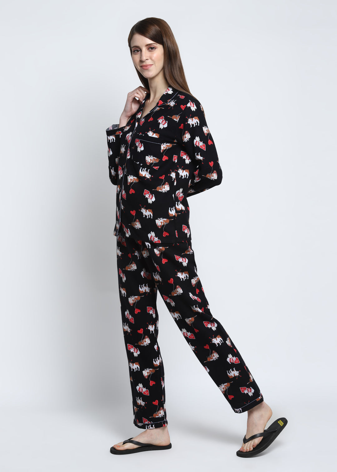 I Love You Print Cotton Flannel Long Sleeve Women's Night Suit - Shopbloom