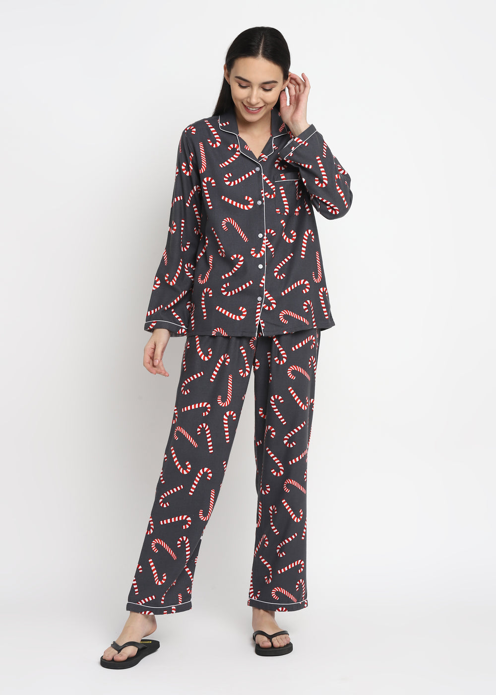 Big Candy Cane Print Cotton Flannel Long Sleeve Women's Night Suit - Shopbloom