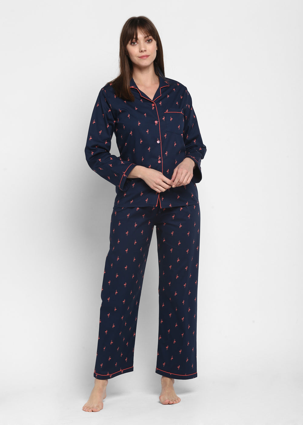 Cute Flamingo Print Long Sleeve Women's Night Suit - Shopbloom