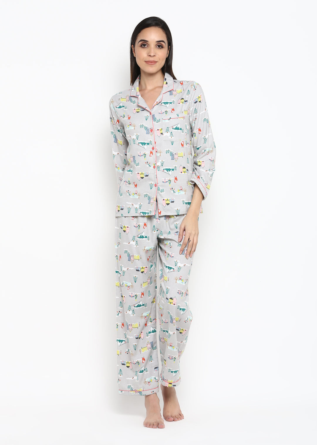 Santa City Print Long Sleeve Women's Night Suit - Shopbloom