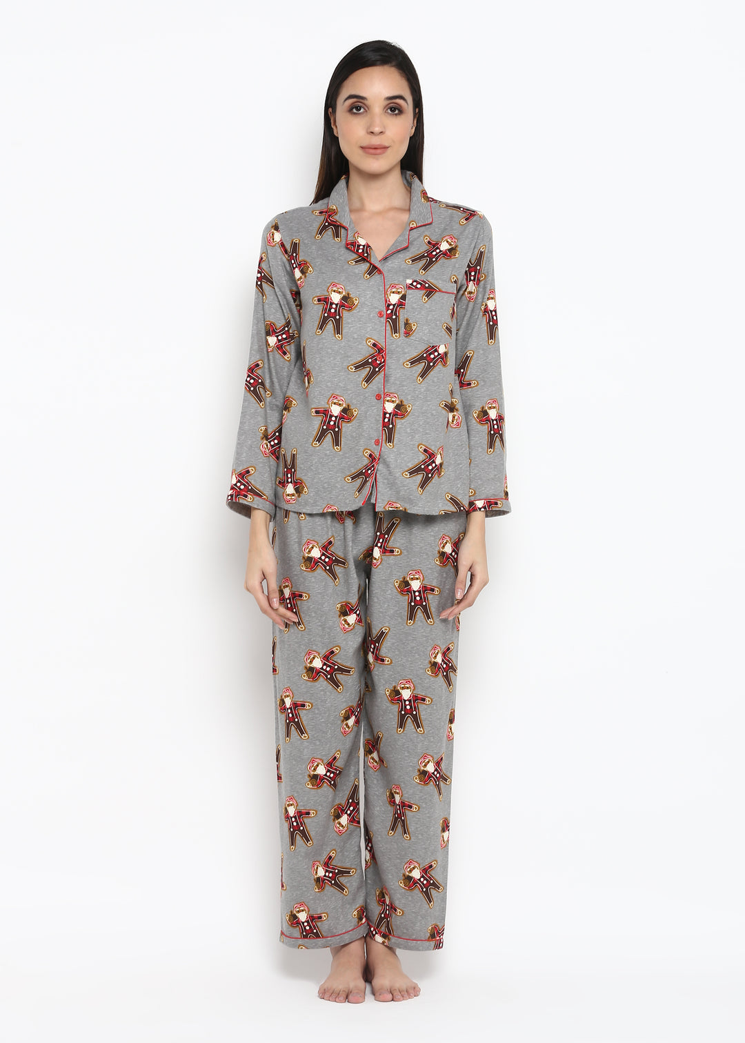 Santa Gingerbread Print Long Sleeve Women's Night Suit - Shopbloom