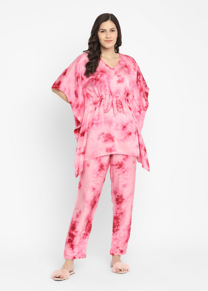 Ultra Soft Pink Tie-Dye Modal Satin Women's  Kaftan Night Suit - Shopbloom