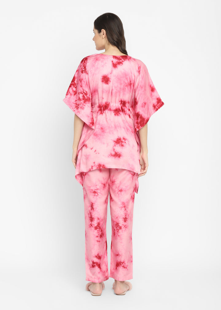 Ultra Soft Pink Tie-Dye Modal Satin Women's  Kaftan Night Suit - Shopbloom