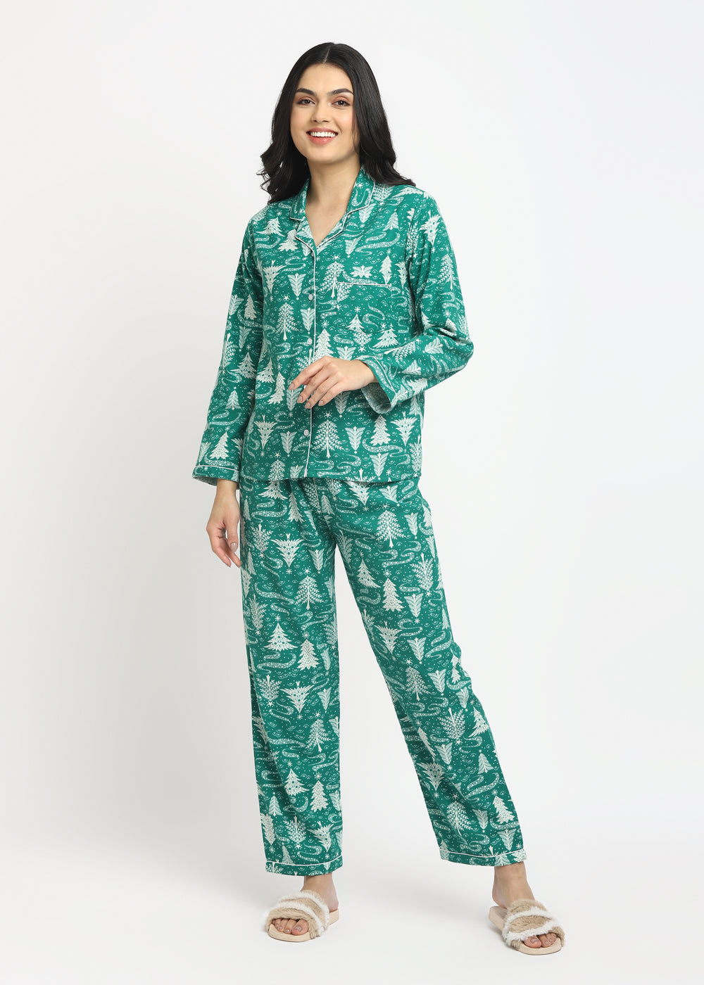 Green Tree Cotton Flannel Long Sleeve Women's Night Suit - Shopbloom