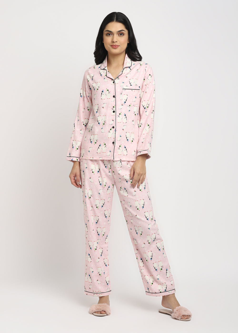 Light Pink Penguin Print Cotton Flannel Long Sleeve Women's Night Suit - Shopbloom