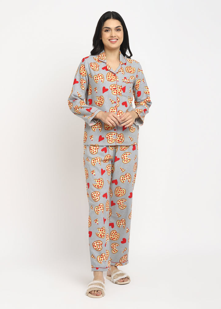 I Love Pizza Print Cotton Flannel Long Sleeve Women's Night Suit - Shopbloom