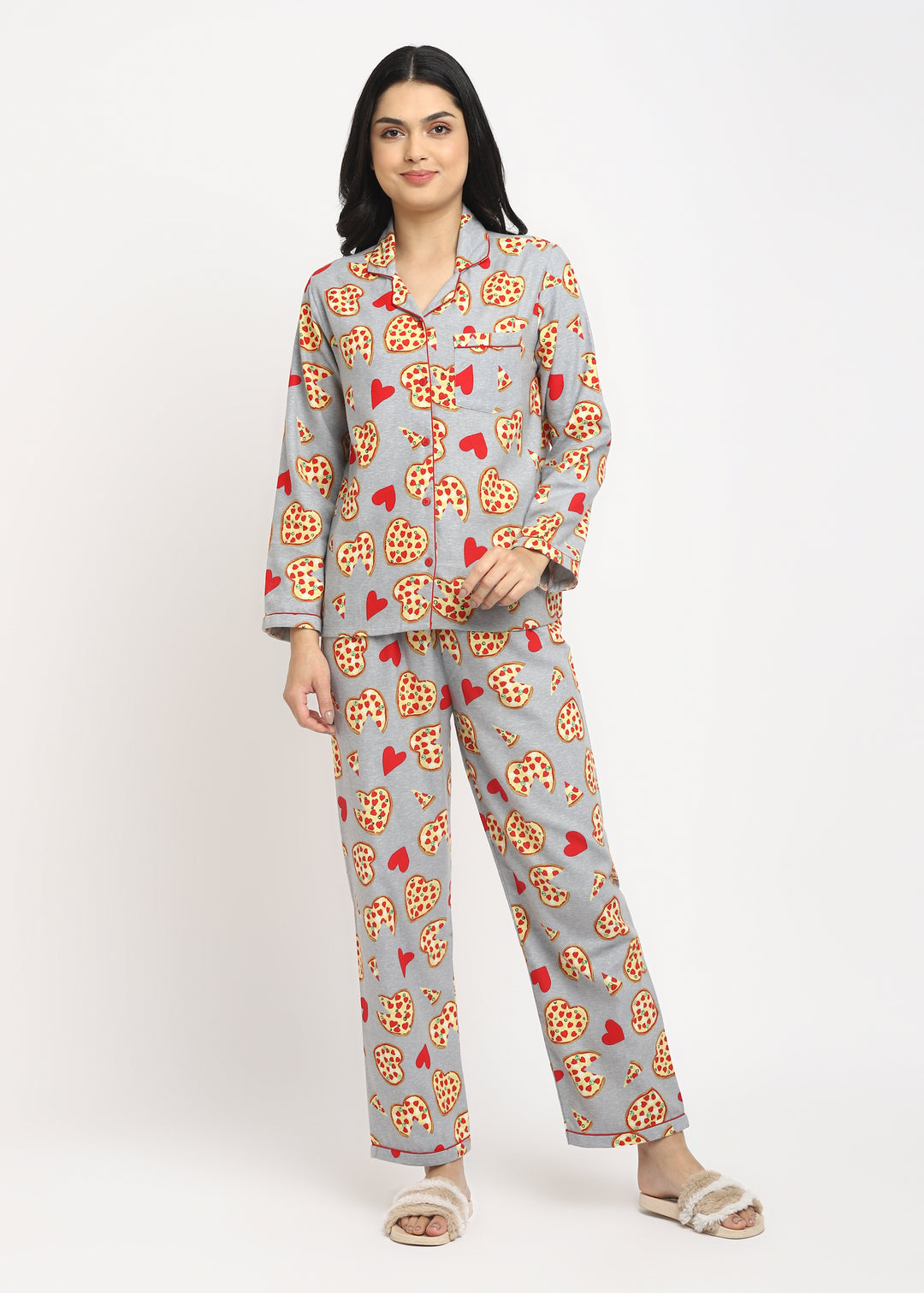 I Love Pizza Print Cotton Flannel Long Sleeve Women's Night Suit - Shopbloom