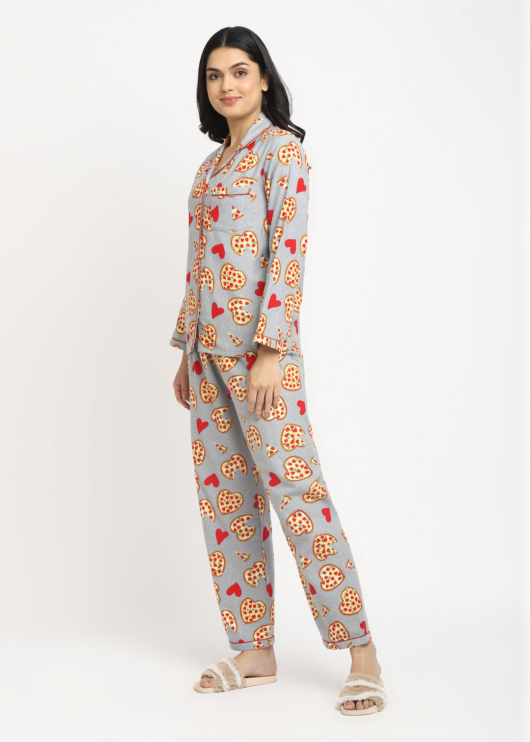 I Love Pizza Print Cotton Flannel Long Sleeve Women's Night Suit - Shopbloom