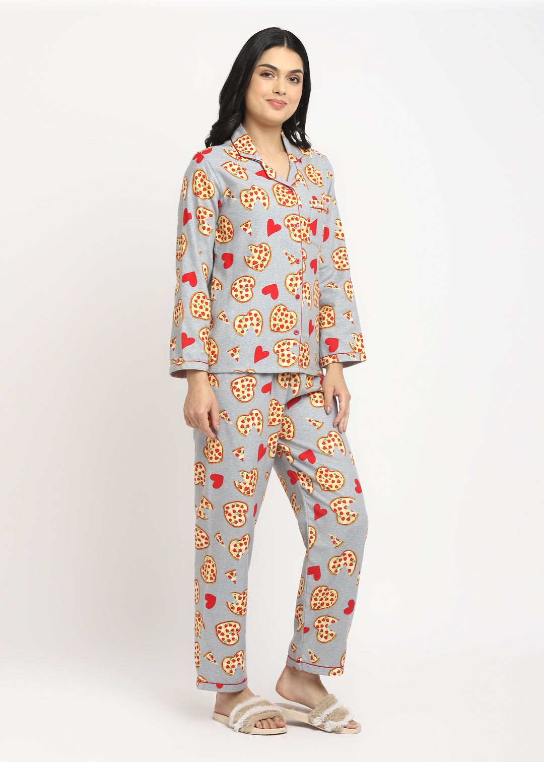 I Love Pizza Print Cotton Flannel Long Sleeve Women's Night Suit - Shopbloom