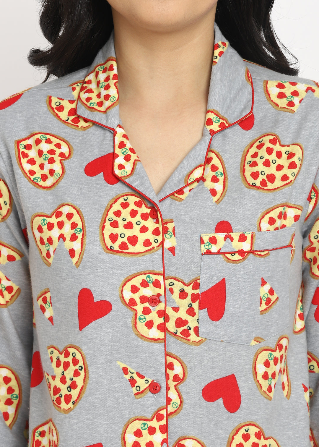 I Love Pizza Print Cotton Flannel Long Sleeve Women's Night Suit - Shopbloom