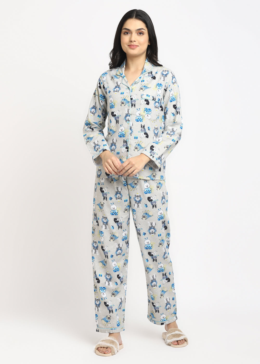 Dogs Print Cotton Flannel Long Sleeve Women's Night Suit - Shopbloom