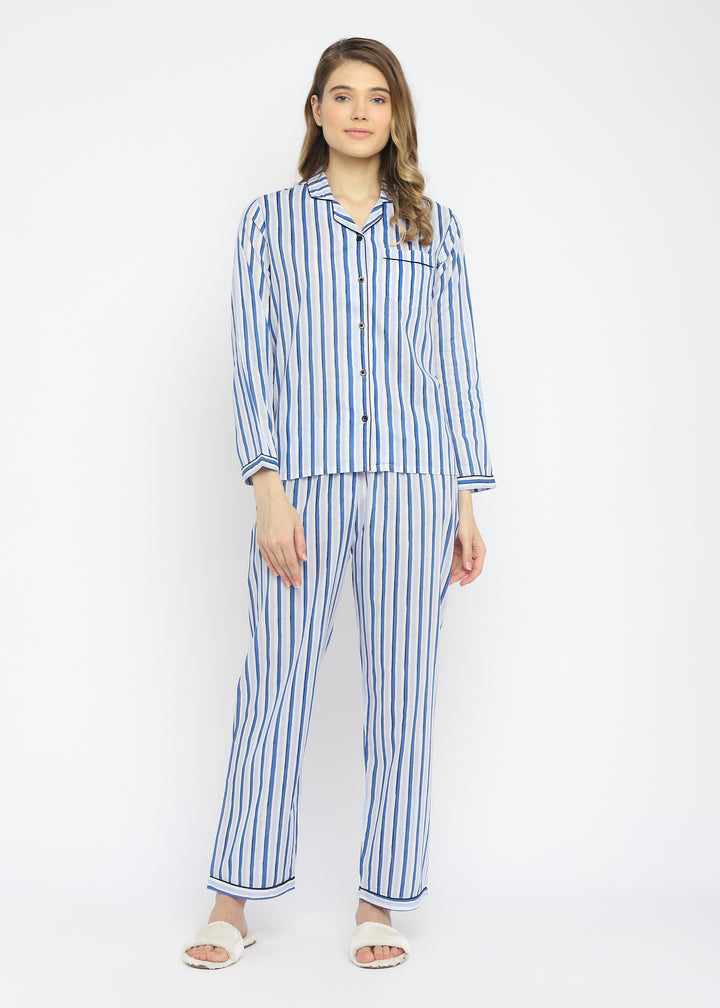 Blue Stripes Long Sleeve Women's Night Suit - Shopbloom