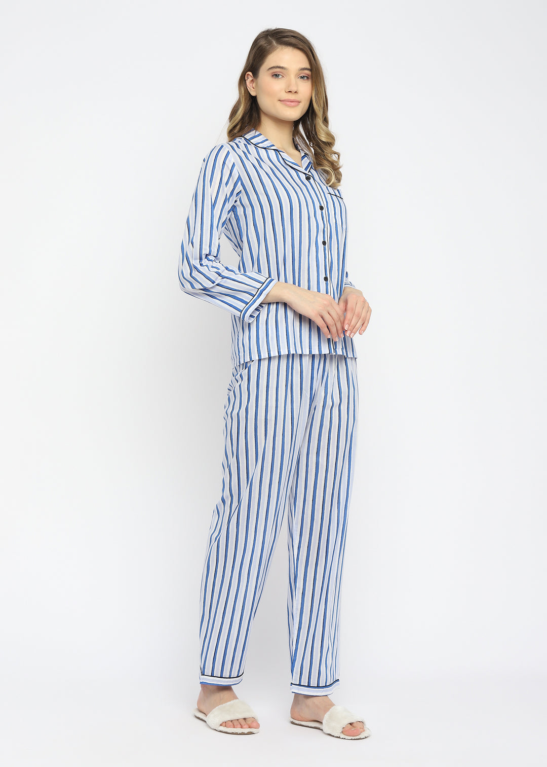 Blue Stripes Long Sleeve Women's Night Suit - Shopbloom