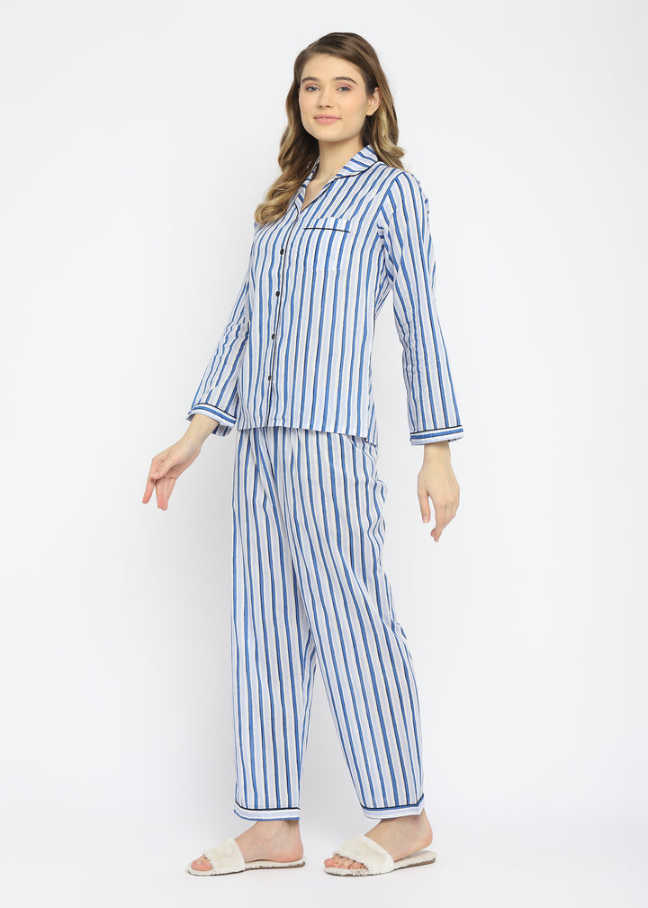 Blue Stripes Long Sleeve Women's Night Suit - Shopbloom