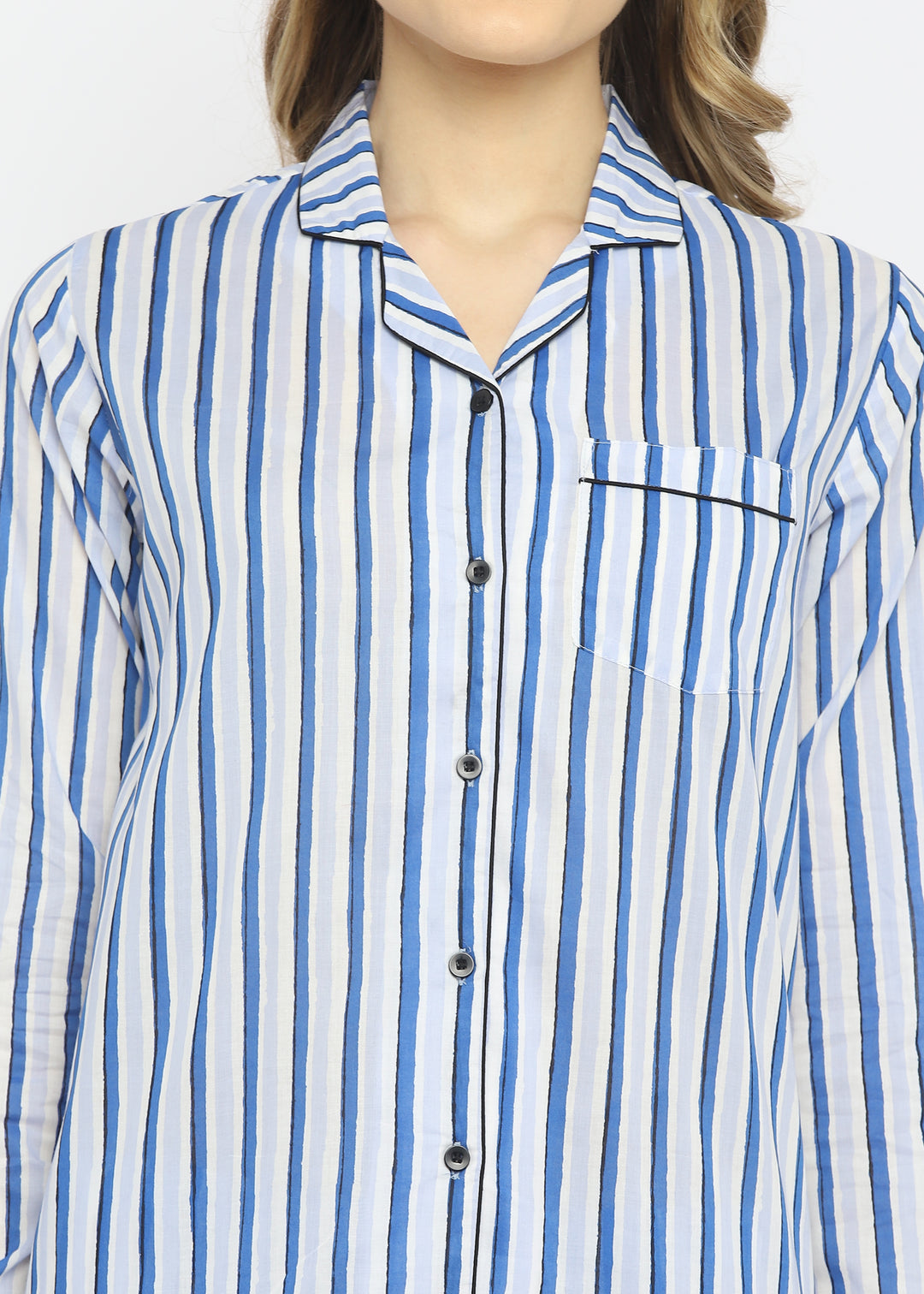 Blue Stripes Long Sleeve Women's Night Suit - Shopbloom