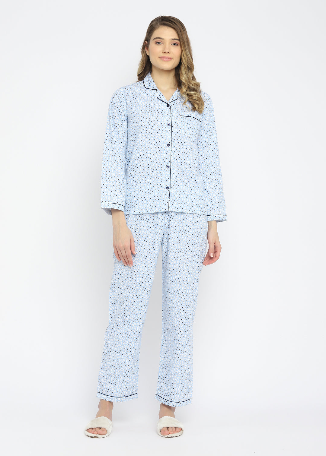 Tiny Daisy Print Long Sleeve Women's Night Suit - Shopbloom