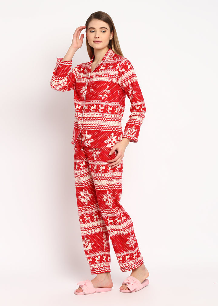 Winter Wonderland Print Cotton Flannel Long Sleeve Women's Night Suit - Shopbloom