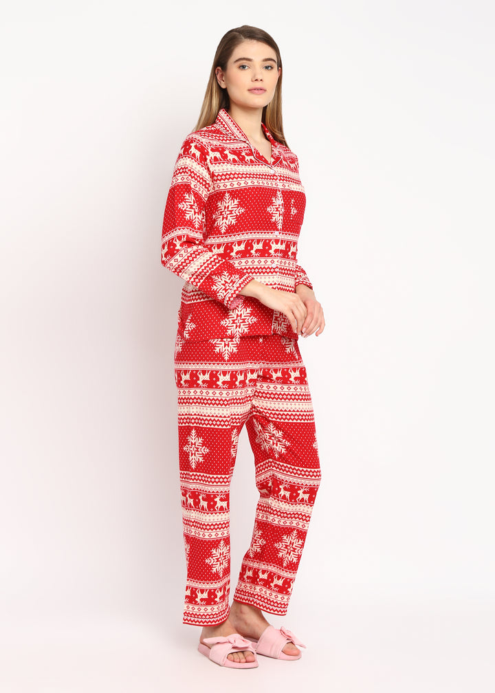 Winter Wonderland Print Cotton Flannel Long Sleeve Women's Night Suit - Shopbloom