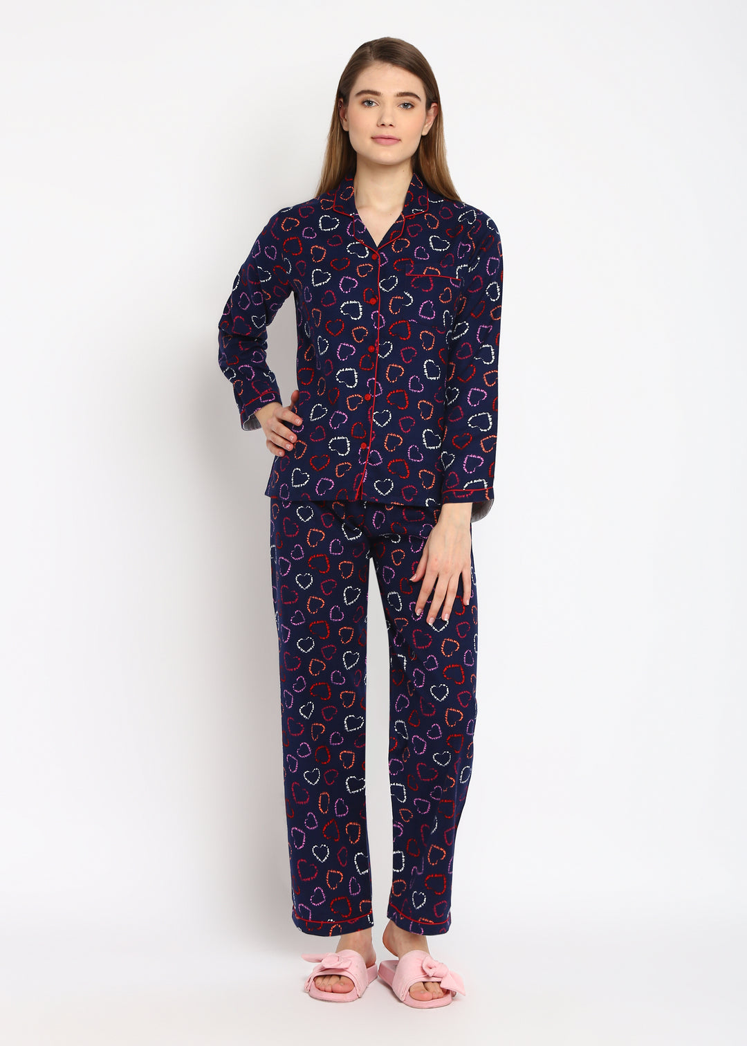 Hearts Print Cotton Flannel Long Sleeve Women's Night Suit - Shopbloom