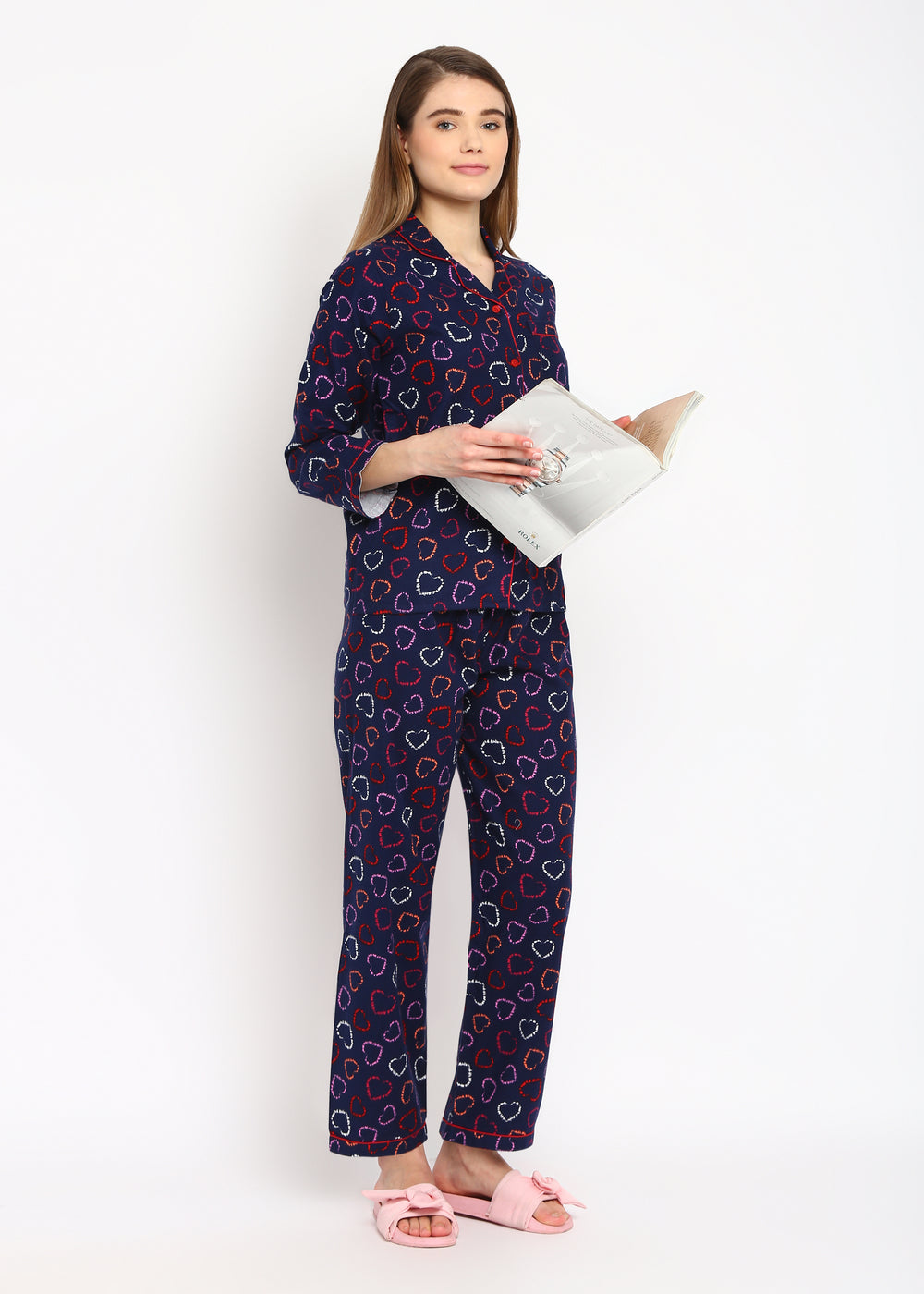 Hearts Print Cotton Flannel Long Sleeve Women's Night Suit - Shopbloom