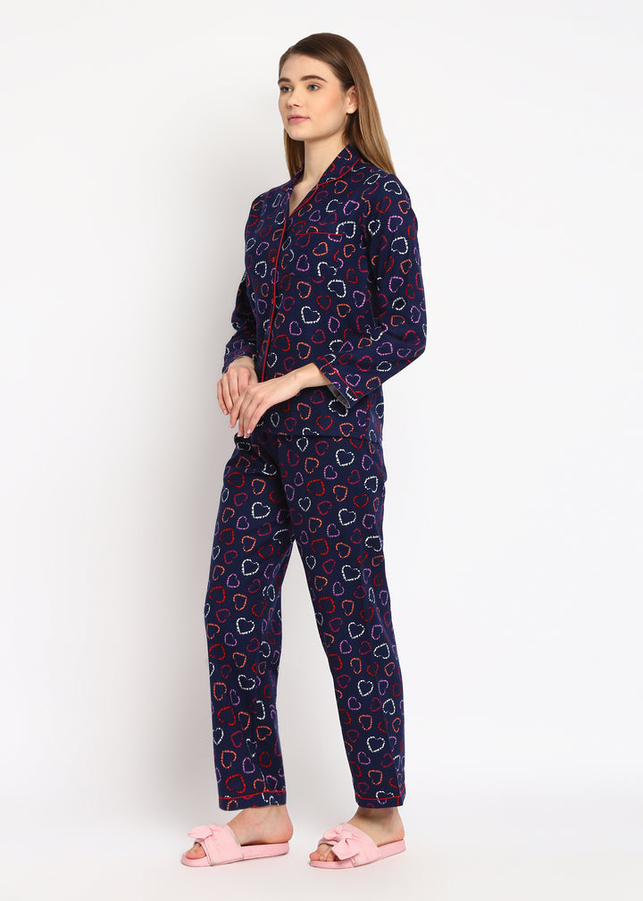 Hearts Print Cotton Flannel Long Sleeve Women's Night Suit - Shopbloom