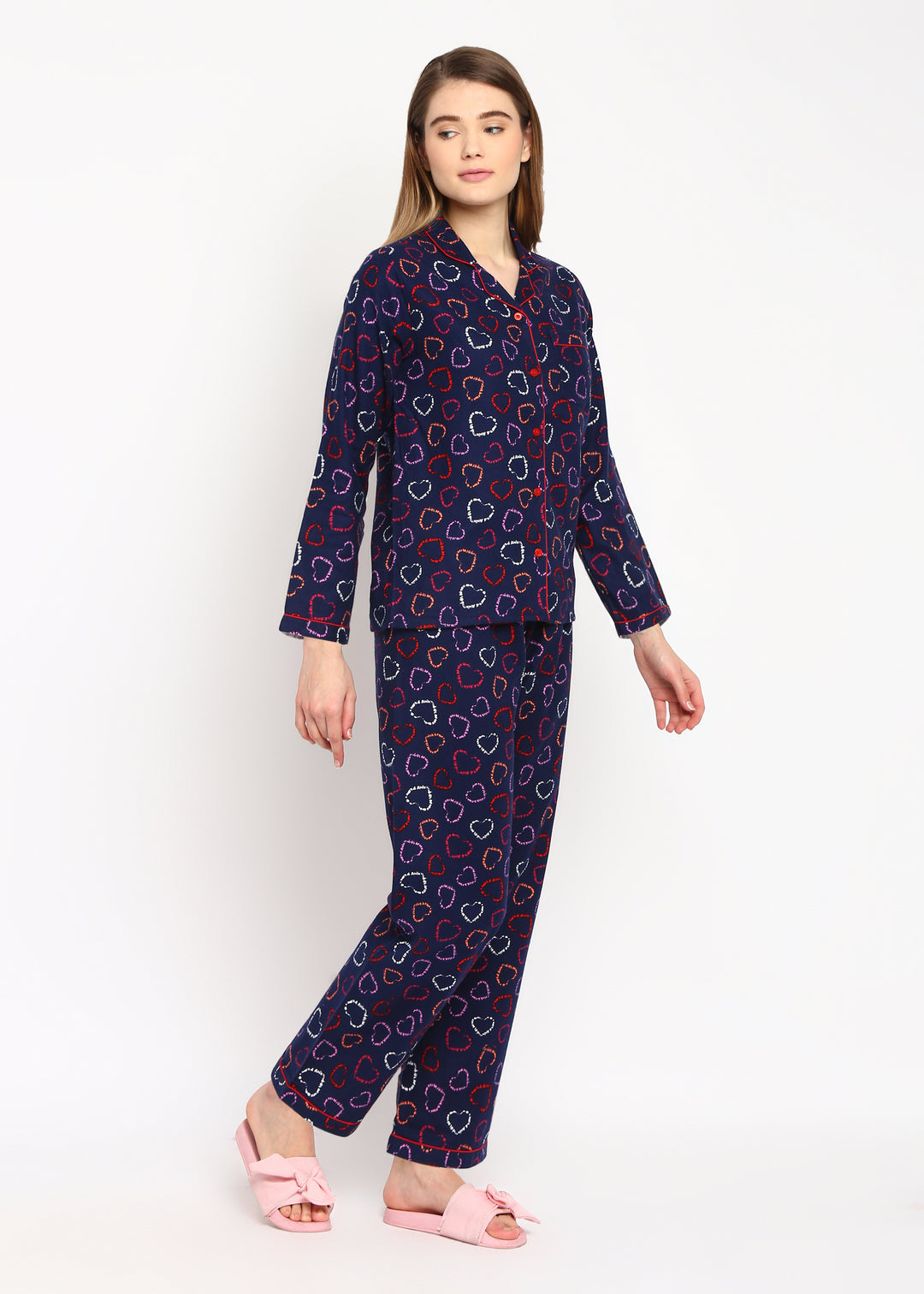 Hearts Print Cotton Flannel Long Sleeve Women's Night Suit - Shopbloom