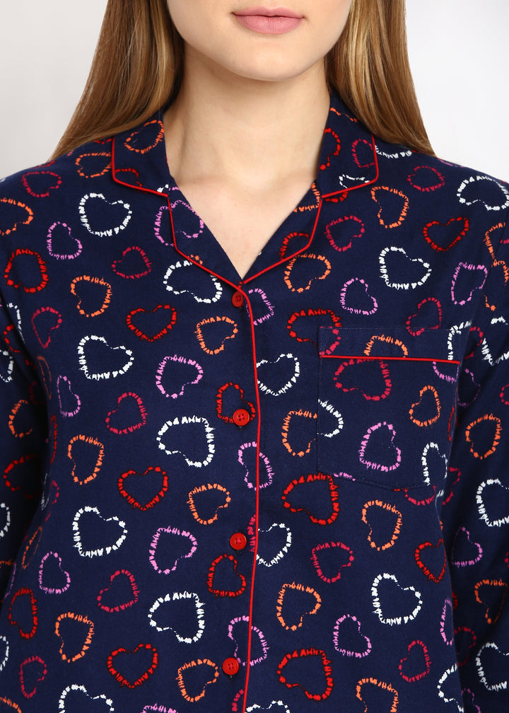 Hearts Print Cotton Flannel Long Sleeve Women's Night Suit - Shopbloom