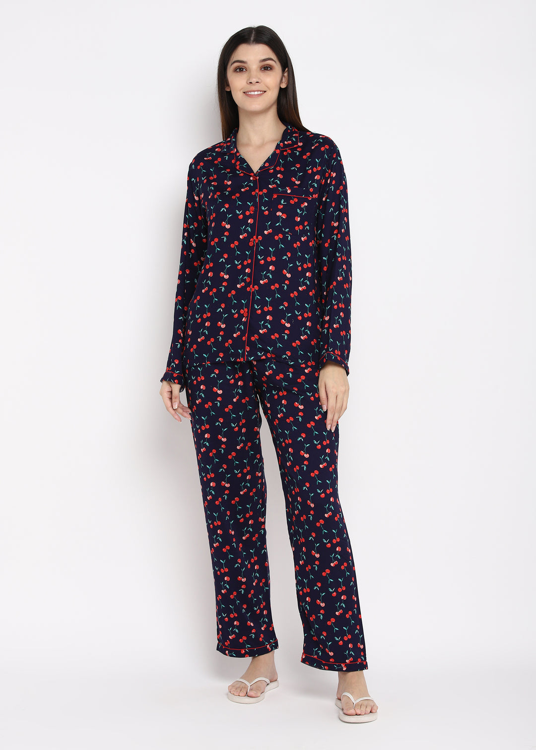 Cherry Land Print Long Sleeve Women's Night Suit - Shopbloom