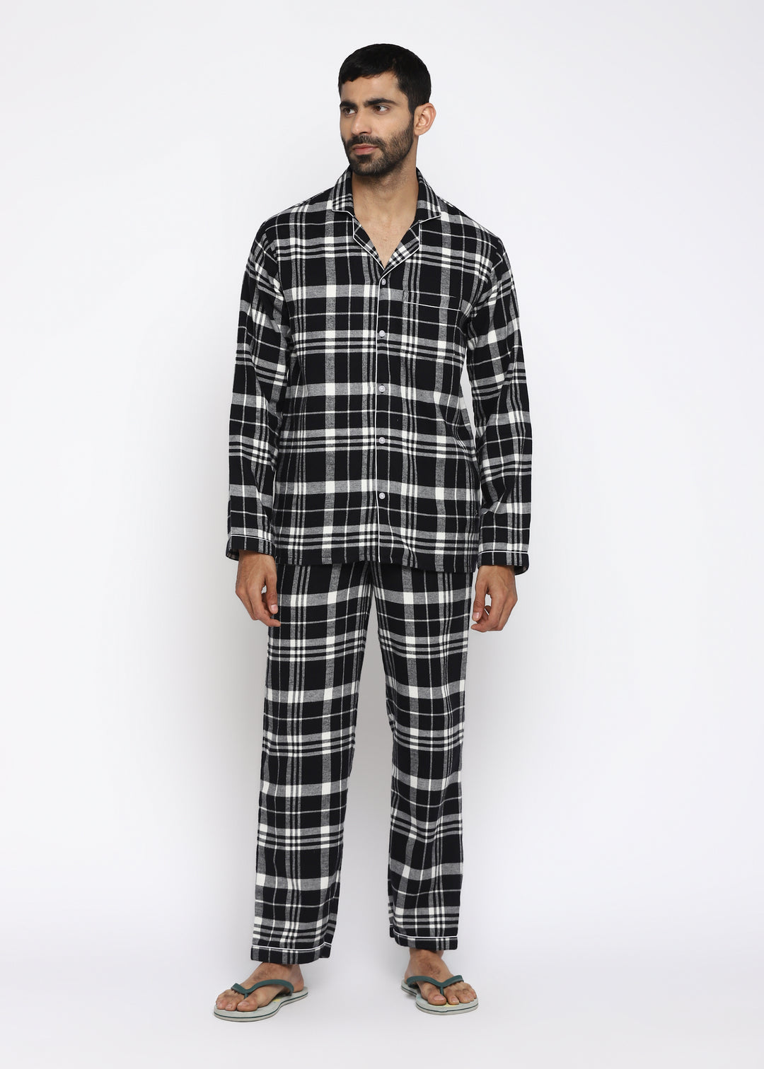 Black & White Checkered Print Cotton Flannel Long Sleeve Men's Night Suit - Shopbloom