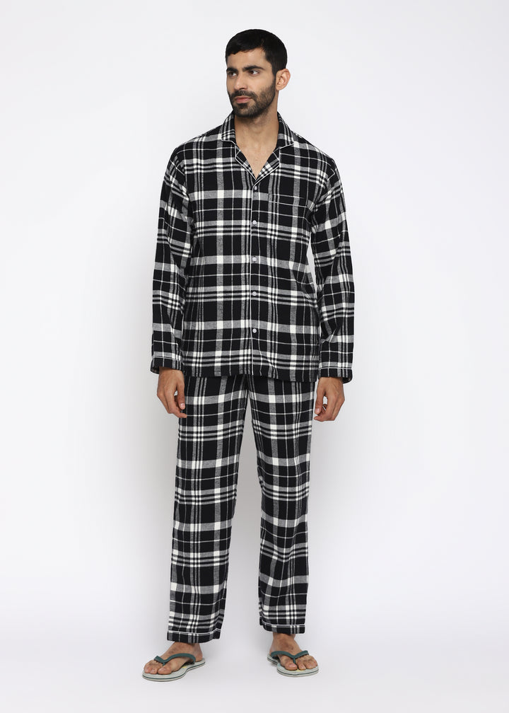 Black & White Checkered Print Cotton Flannel Long Sleeve Men's Night Suit - Shopbloom