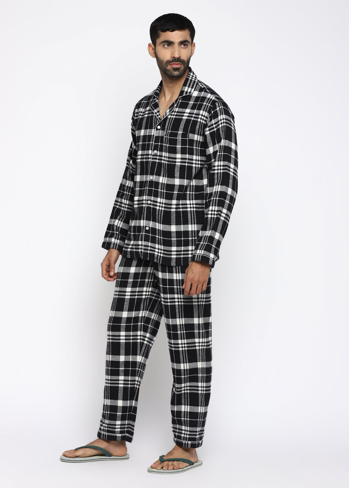 Black & White Checkered Print Cotton Flannel Long Sleeve Men's Night Suit - Shopbloom