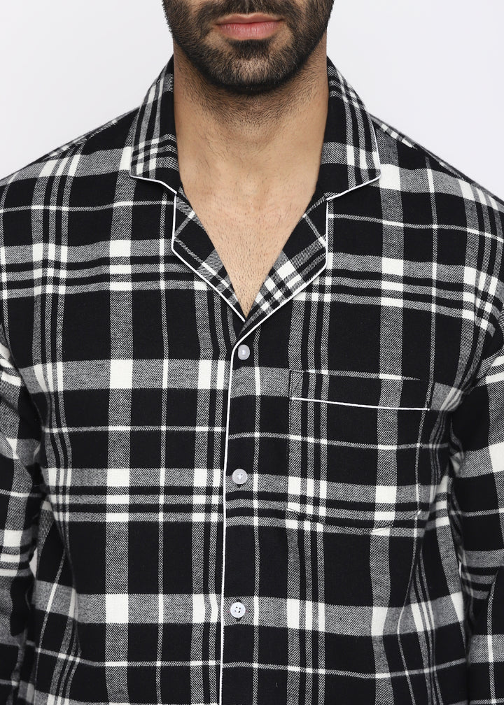 Black & White Checkered Print Cotton Flannel Long Sleeve Men's Night Suit - Shopbloom