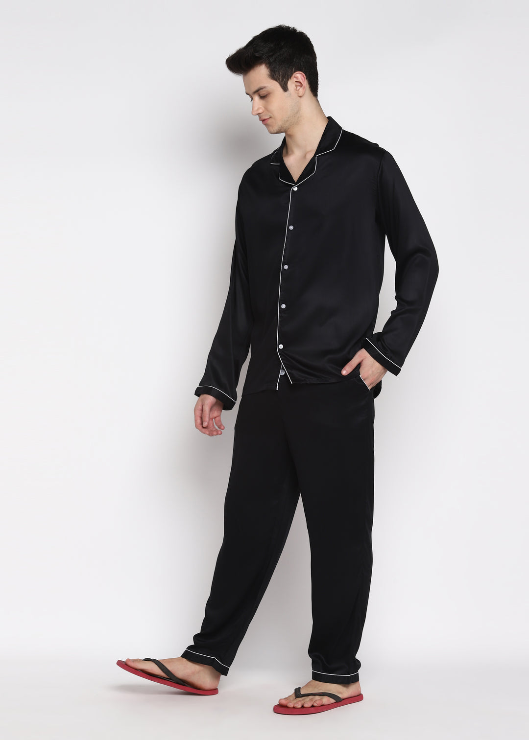 Ultra Soft Black Modal Satin Long Sleeve Men's Night Suit - Shopbloom