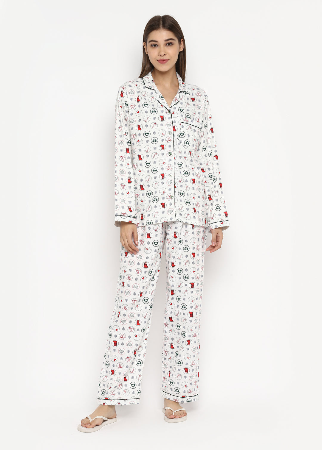 Christmas Spirit Print Cotton Flannel Long Sleeve Women's Night Suit - Shopbloom