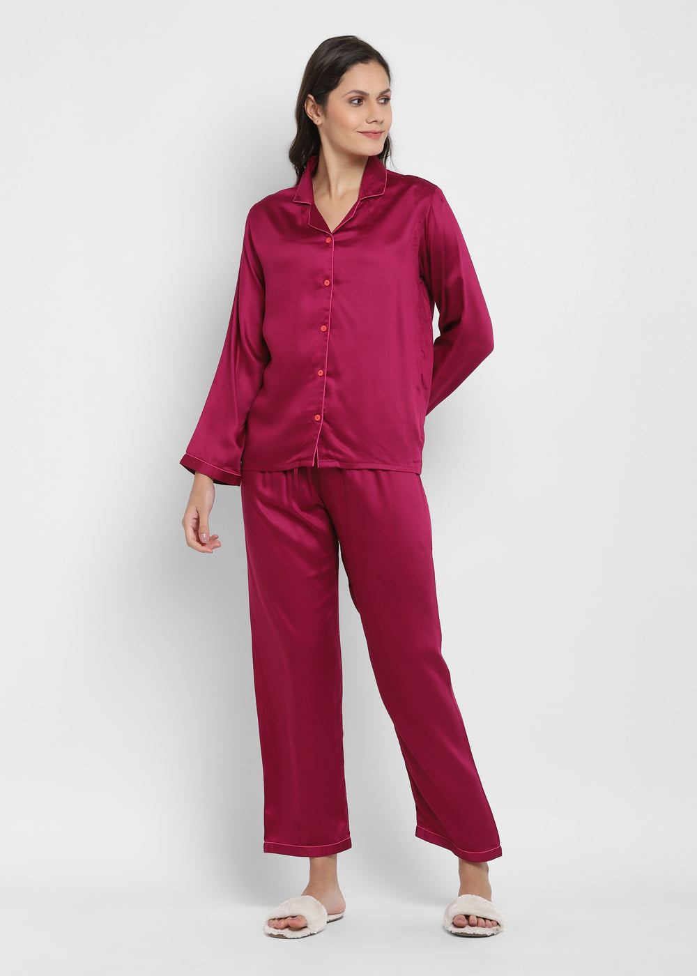 Ultra Soft Magenta Modal Satin Long Sleeve Women's Night Suit - Shopbloom