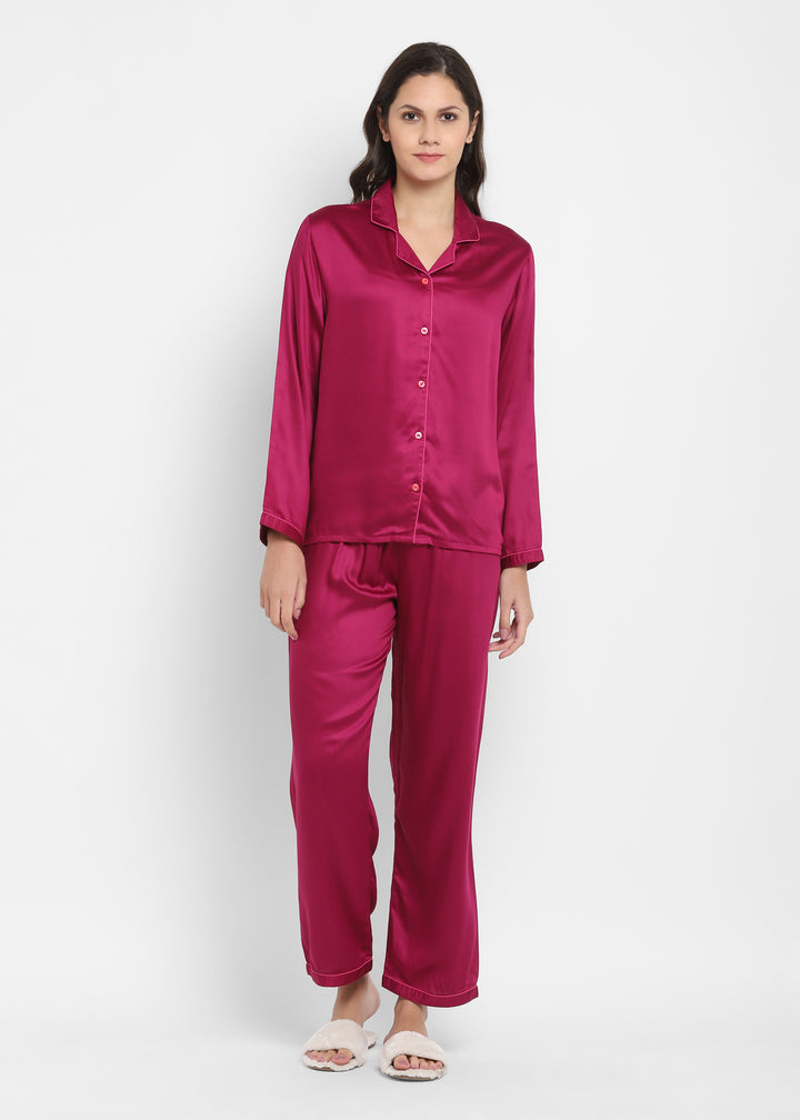 Ultra Soft Magenta Modal Satin Long Sleeve Women's Night Suit - Shopbloom