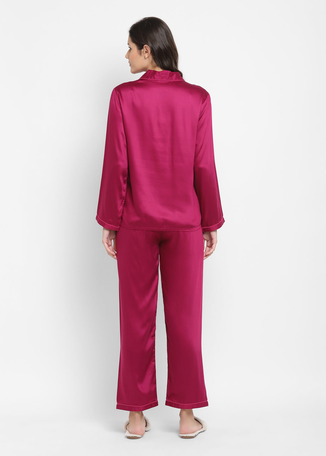 Ultra Soft Magenta Modal Satin Long Sleeve Women's Night Suit - Shopbloom