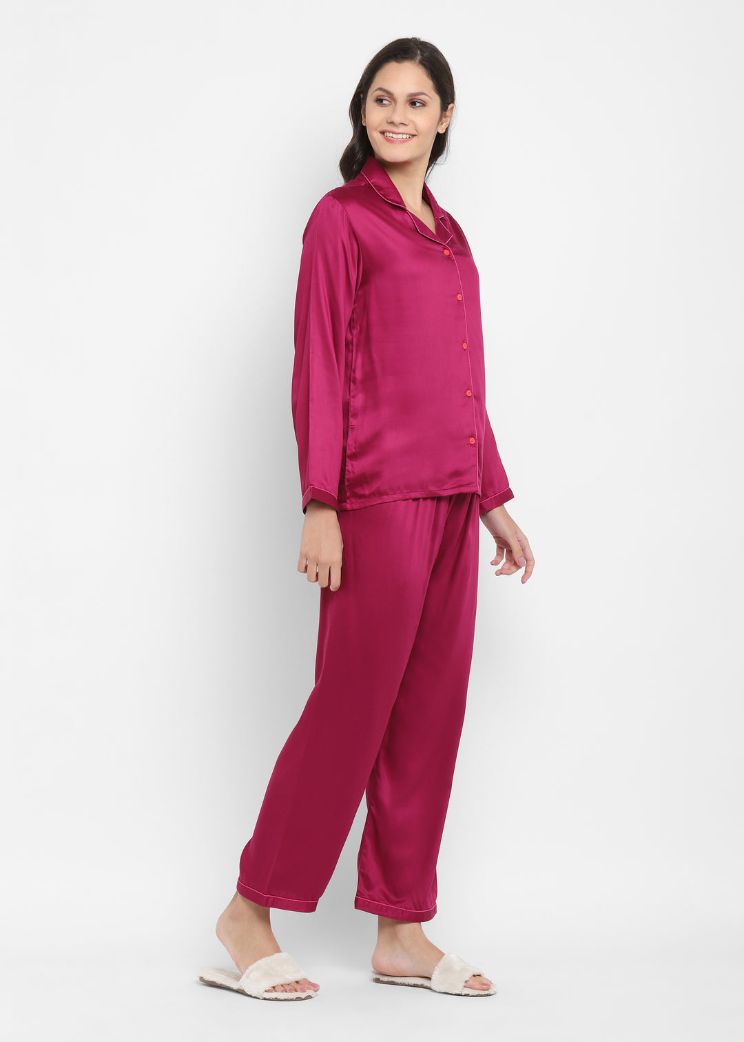 Ultra Soft Magenta Modal Satin Long Sleeve Women's Night Suit - Shopbloom