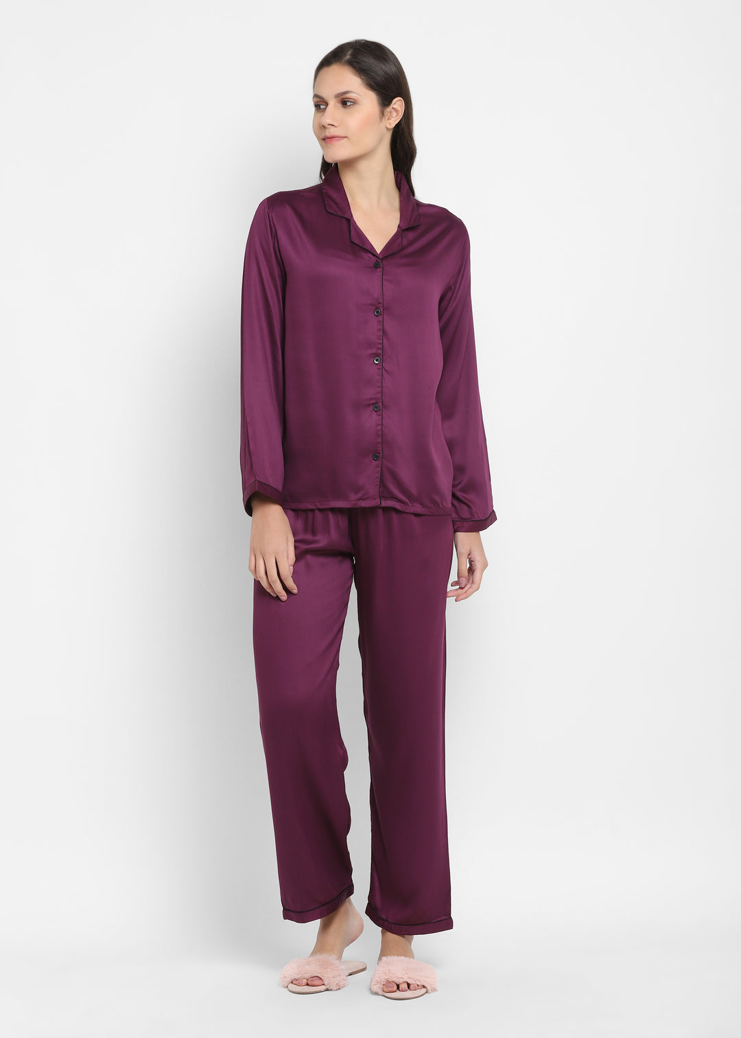 Ultra Soft Purple Modal Satin Long Sleeve Women's Night Suit - Shopbloom