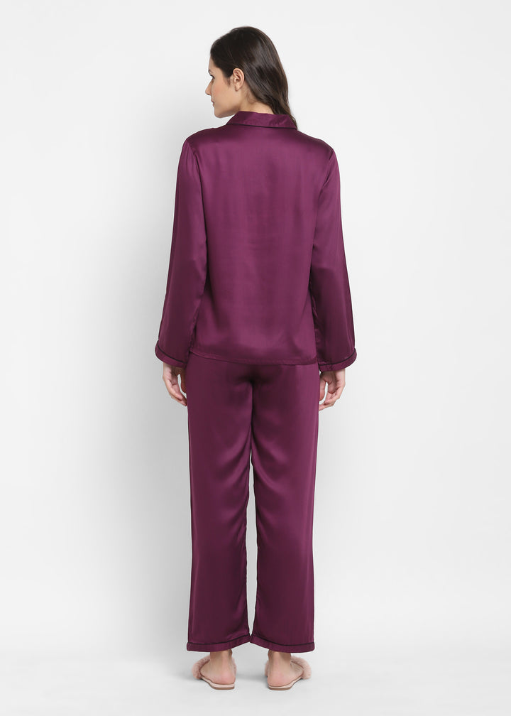 Ultra Soft Purple Modal Satin Long Sleeve Women's Night Suit - Shopbloom