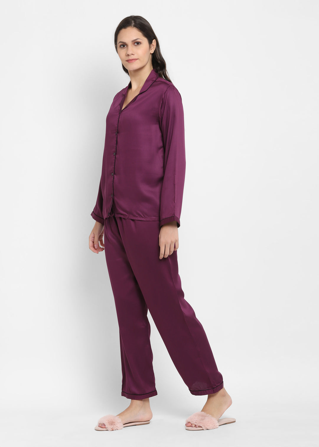 Ultra Soft Purple Modal Satin Long Sleeve Women's Night Suit - Shopbloom