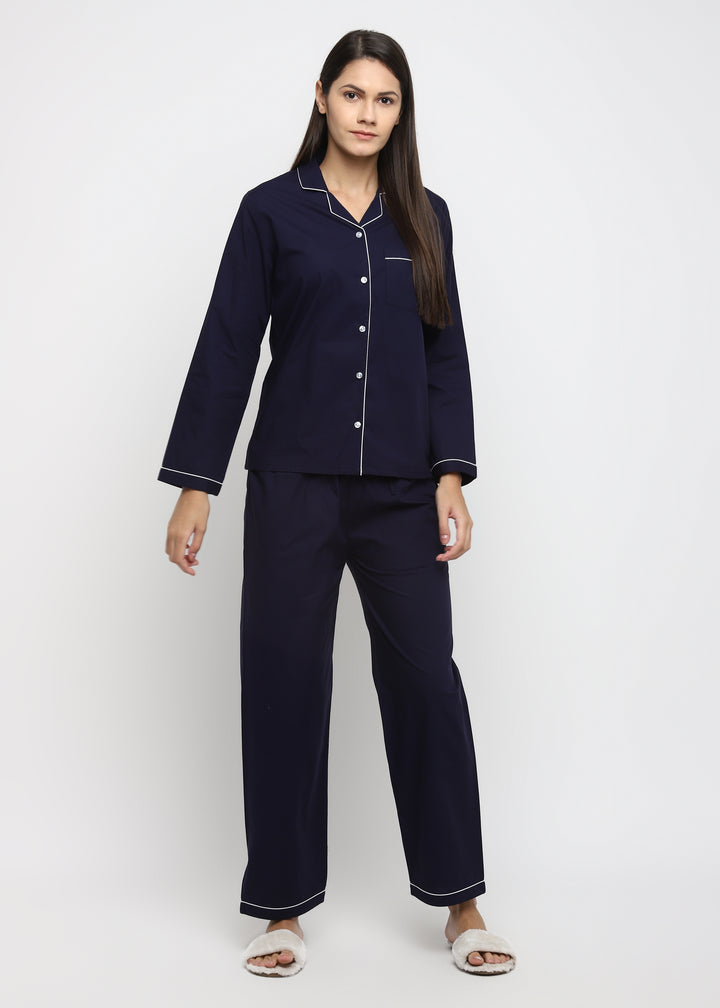 Navy Cotton with White Piping Women's Night Suit - Shopbloom