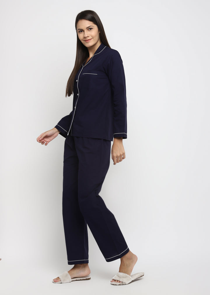 Navy Cotton with White Piping Women's Night Suit - Shopbloom