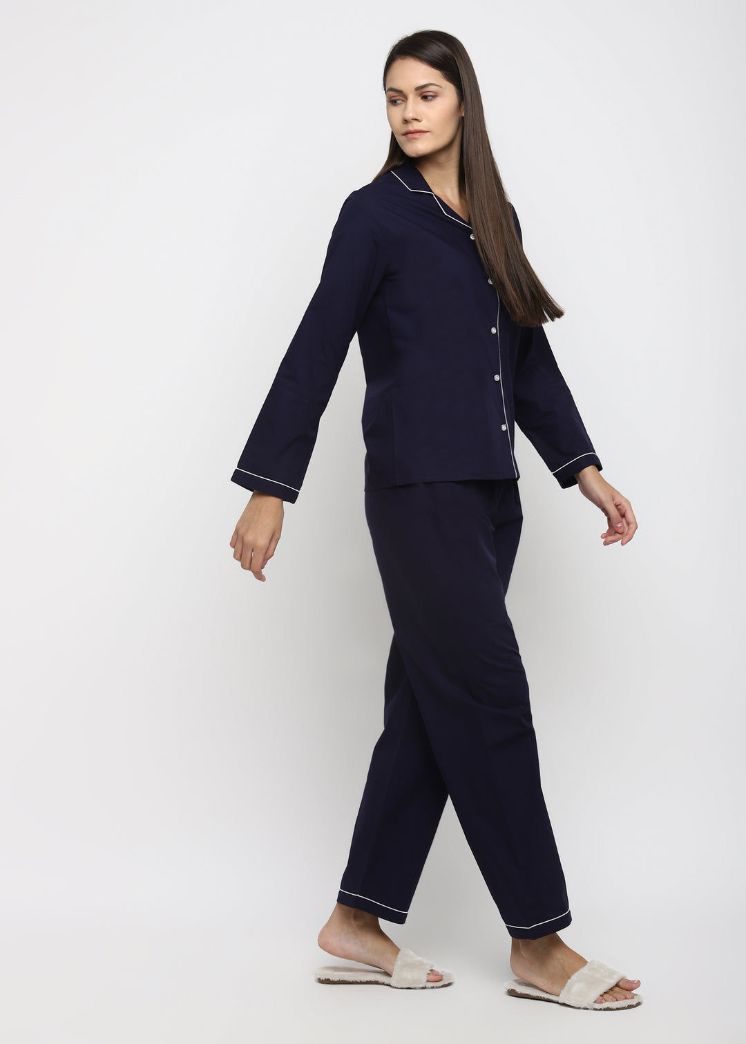 Navy Cotton with White Piping Women's Night Suit - Shopbloom