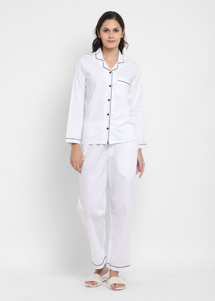 White Cotton Poplin with Black Piping Women's Night Suit - Shopbloom