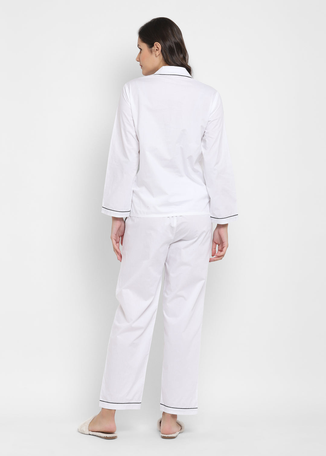 White Cotton Poplin with Black Piping Women's Night Suit - Shopbloom