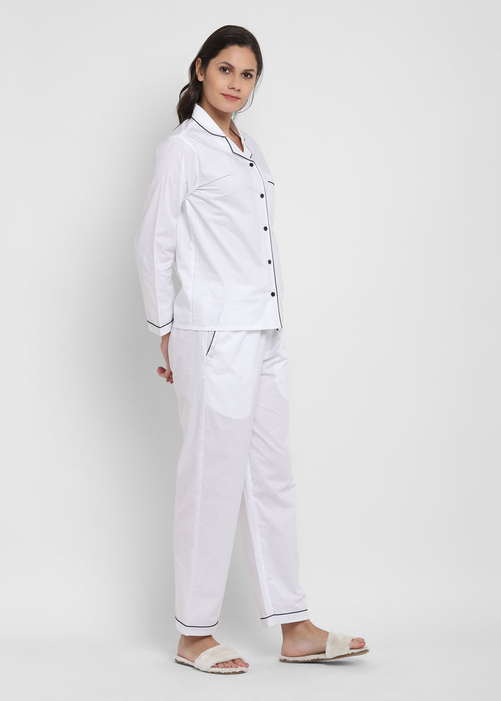 White Cotton Poplin with Black Piping Women's Night Suit - Shopbloom