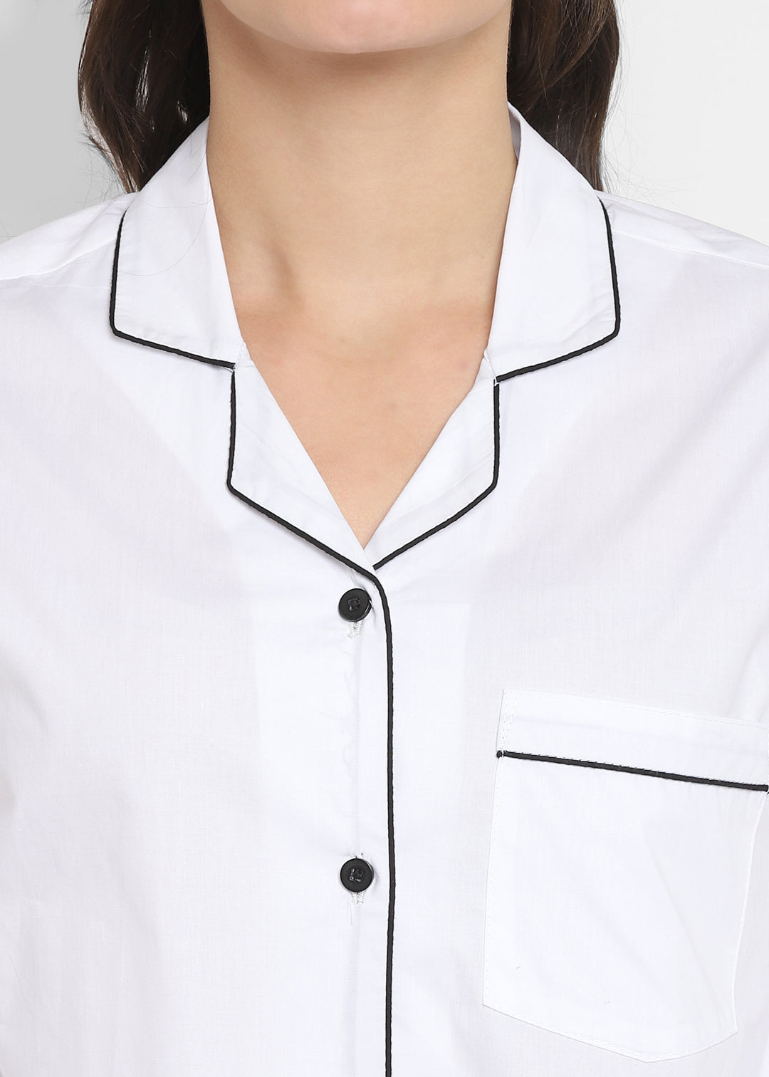 White Cotton Poplin with Black Piping Women's Night Suit - Shopbloom