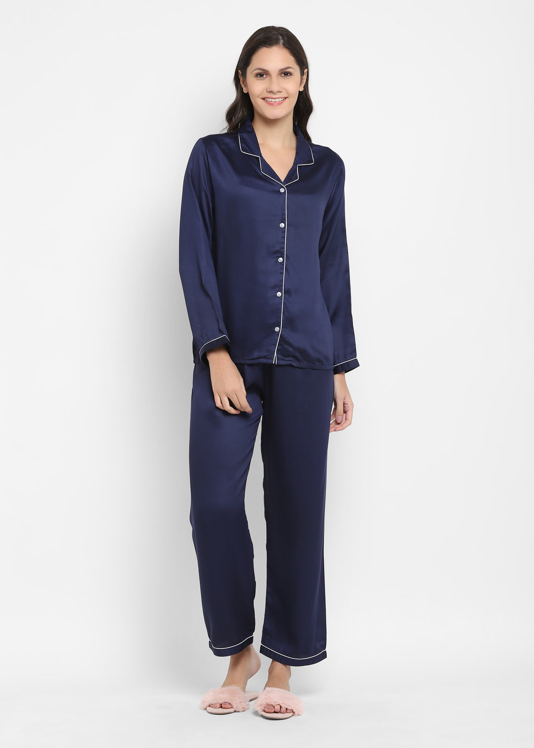 Ultra Soft Navy Modal Satin Long Sleeve Women's Night Suit - Shopbloom